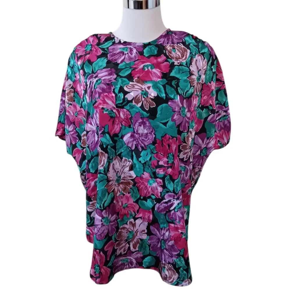 VINTAGE 80s 90s Blouse Top 18W‎ Shiny Floral Bright Colorful Office Career Event